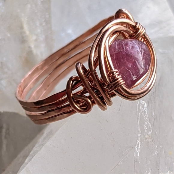 Pink Tourmaline Ring Copper Wrap Natural Gemstone Feminine Free-spirited - Picture 3 of 10